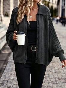 Sweater Kardigan Kancing Lengan Kelelawar Longgar Kerah Syal Rajut Kabel Tali Kepang Warna Polos Ukuran Besar, Musim Gugur/Dingin - Dark Grey - View 1