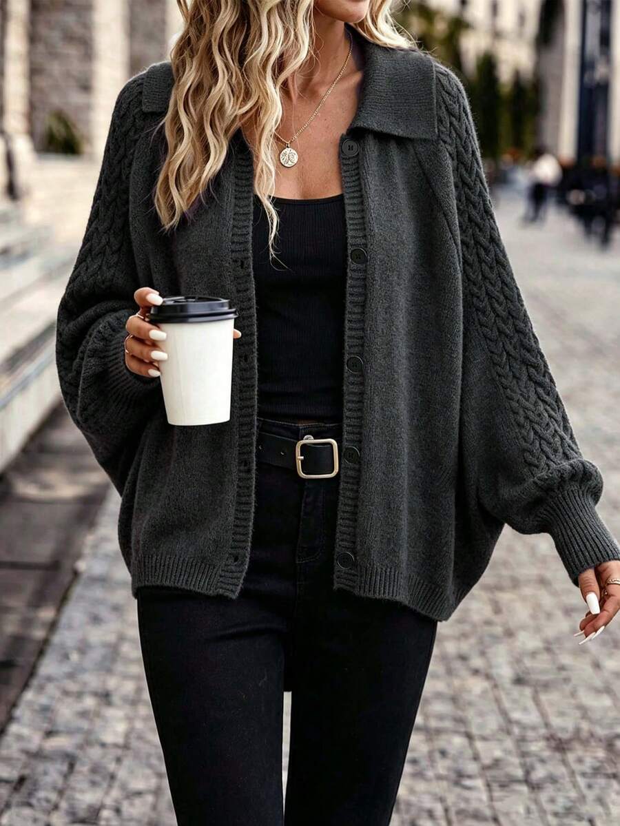 Sweater Kardigan Kancing Lengan Kelelawar Longgar Kerah Syal Rajut Kabel Tali Kepang Warna Polos Ukuran Besar, Musim Gugur/Dingin - Dark Grey - View 1