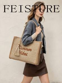 Summer Straw Tote Bag, Embroidered Mesh Beach Bag, Large Woven Shoulder Bag, Suitable For Vacation And Daily Use - Khaki - View 10