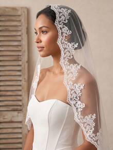 1pc Fingertip Length Bridal Veil, Lace Trim Mantilla Style, With Comb, Bridal White And Ivory - Multicolor - View 3