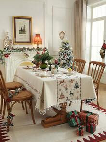 1pc Christmas Decor Woven Jacquard White Ball Pattern Rectangular Tablecloth For Coffee Table, Dining Table, Hand Wash Only - White - View 1