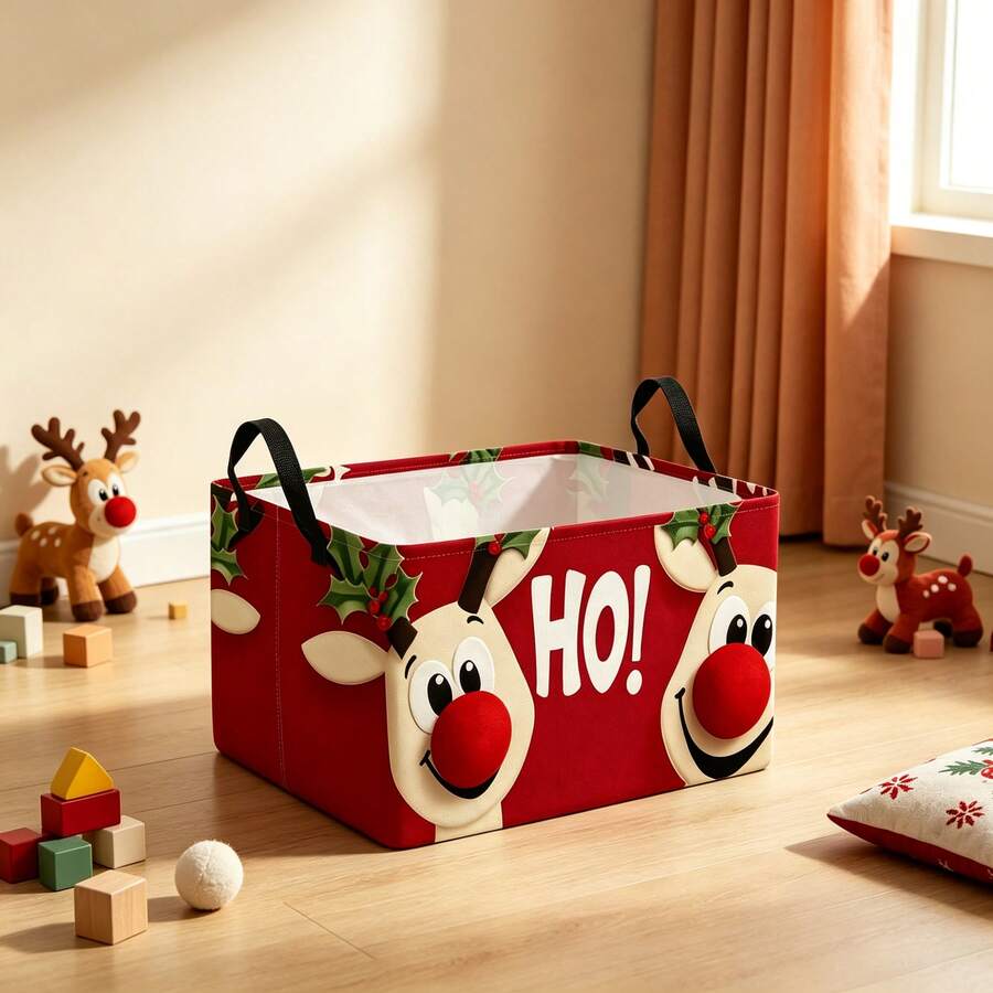 1pc Christmas Cute Red Nose Reindeer Print Storage Basket, Collapsible Laundry Hamper With Handles, Suitable For Clothes Sundries Multi-Functional Storage And Home Decor, Room Decor, Bedroom Decor, Christmas Decor - Red - View 1