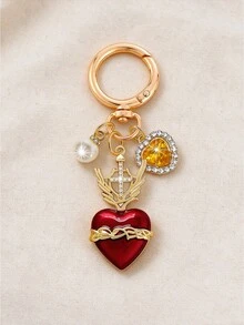1pc Vintage Cross Wing Heart Keychain For Women, 3 Colors Available, Pearl Rhinestone Bag Charm, Y2K Sweet Cool Style Car Key Pendant - Multicolor - View 5
