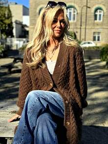NZZOF Women's Solid Color V-Neck Long Knit Cardigan Single-Breasted Casual Loose Sweater Jacket - Coffee Brown - View 3