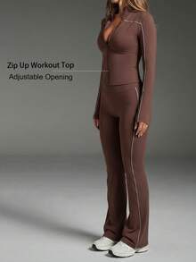 Casual Sport Contrast Zip Gym Clothes Women Two Pieces Set,Stand Neck Long Sleeve Skinny Fall Outfit Jacket,High Waist Fit Workout Active Flare Pants - Brown - View 6