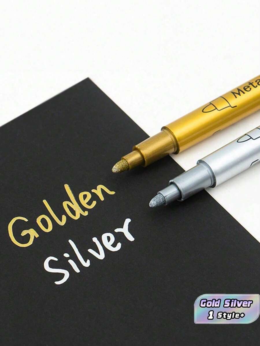 2mm Gold & Silver Metallic Acrylic Marker Set, Suitable For Black Cardstock DIY Painting, Graffiti, Crafts, Scrapbooking And Sign Making, Student School Supplies, Water-Based Ink - Multiple Styles - View 1
