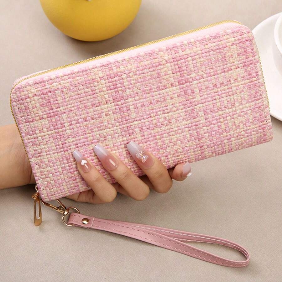 Sweet Style Woven Long Clutch Wallet, Soft Pink Versatile Purse, Multi-Function Card Slots Phone Bag, Holiday Gift - Multicolor - View 1
