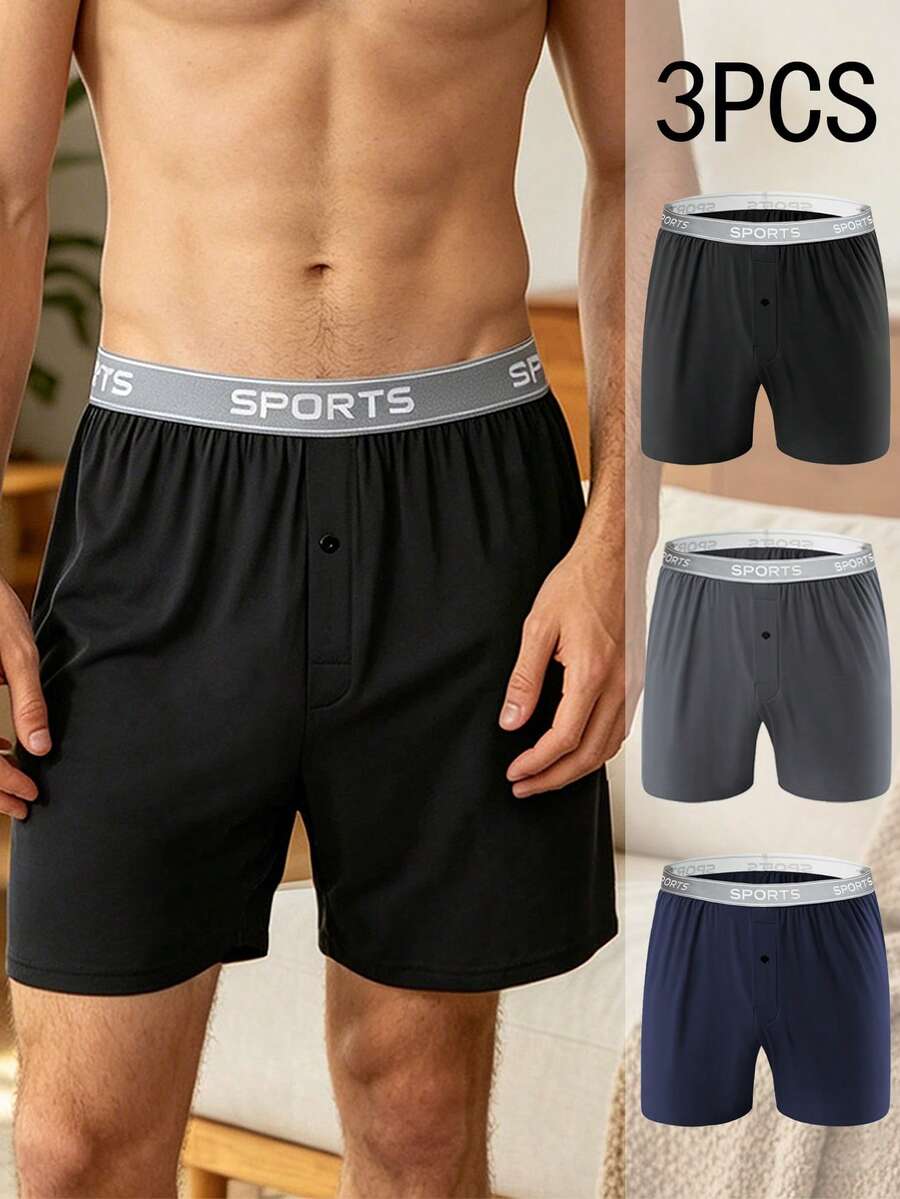 3Pcs Men's Underwear Set, Comfortable Polyester Fabric, Letter Waistband ,With Buttons, Elastic Loose Flat Corner Boxers, Home Wear,Men Gift