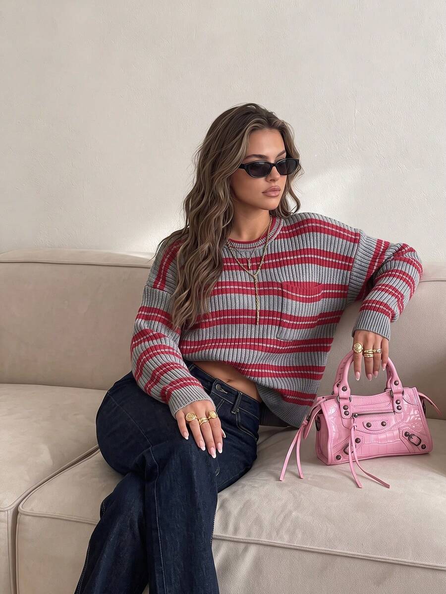 Aflion Women's Fall Winter Grey Red Striped Cropped Knit Sweater, Crew Neck Drop Shoulder Long Sleeve With Pocket, Ribbed Loose Casual Top For Daily Wear - Multicolor - View 1