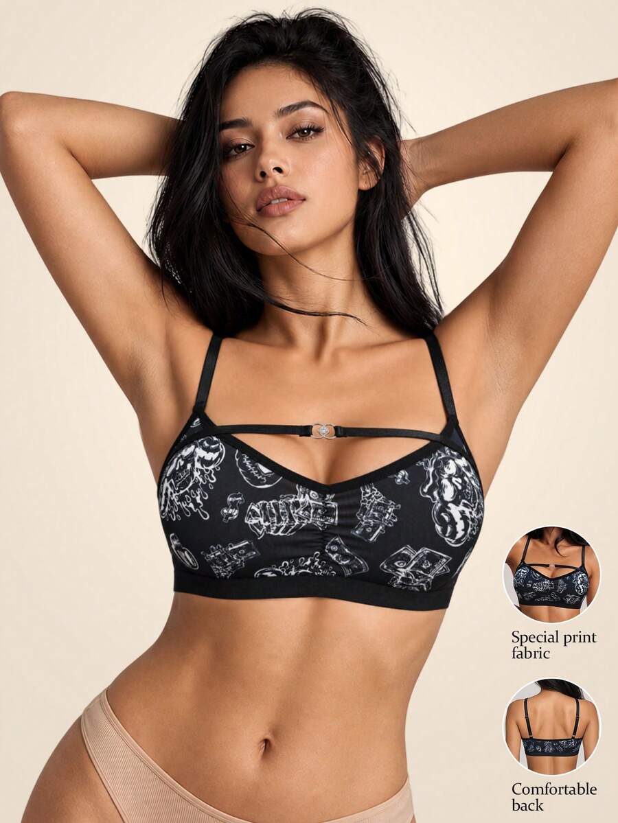 Halloween Dark Style Printed Wireless Bra For Women, Hollow Out Front Ring Decor, No Padding, Comfortable Lingerie - Black - View 1