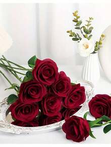 1/4/7/10/20Pcs 19.7 Inch Artificial Velvet Red Roses, Artificial Flowers, Artificial Bridal Bouquets, Realistic Velvet Fake Flowers, Floral Arrangement Decoration, Valentine's Day Gift, Wedding Party, Home Decor, Birthday Gift, Vase Decor - Red - View 8