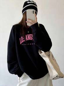 Vintage Collegiate Style LOS ANGELES Large Letter Crew Neck Sweatshirt, Minimalist Loose Drop Shoulder Casual Autumn Versatile - Black - View 7
