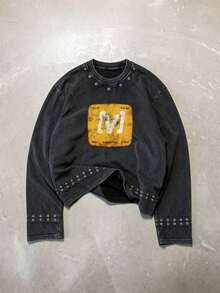 Men's New Washed Vintage Snowflake Long Sleeve T-Shirt With Webbing And Grommets - Black - View 1