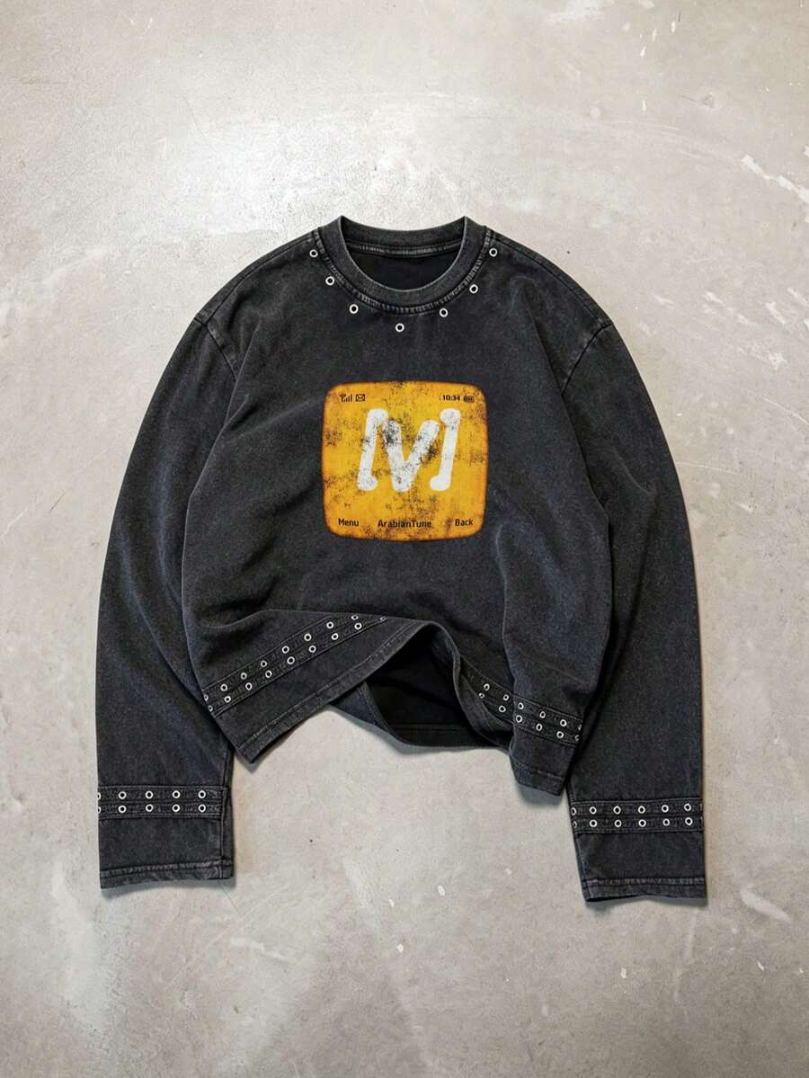 Men's New Washed Vintage Snowflake Long Sleeve T-Shirt With Webbing And Grommets - Black - View 1