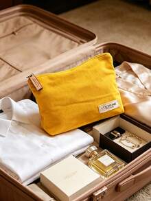 2 Colors L'Occitane Canvas Zipper Makeup Bag Solid Color Cosmetic Storage Pouch Wooden Zipper Pull Large Capacity Travel Toiletry Bag Women's Gift - Yellow - View 4