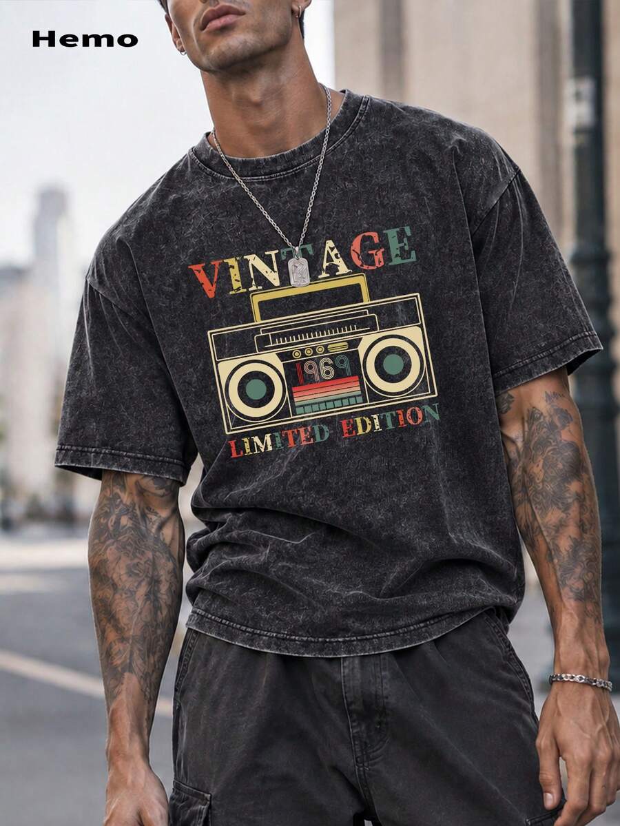Hemo, Hemo, Men's Summer Letter Tape Print Round Neck Short Sleeve Casual Distressed Washed T-Shirt - Black - View 1