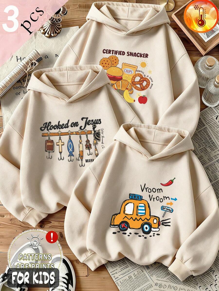 Autumn/Winter 3 Pieces Set: Girls' Fleece Hoodie With Snack Pattern, Fishing Text, And Cartoon Car Print, Y2K Style - Apricot + Apricot + Apricot - View 1