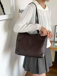 Cross-Border Korean Style Large Capacity Women's 2026 New Fashion Woven Texture Shoulder Underarm Bag Commuter Tote Bag - Coffee Brown - View 6