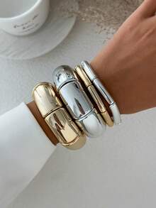4pcs Set Minimalist Fashion Luxury Glossy Bamboo Joint Elastic Bracelet Set, Layered Multi-Layer Bracelet, Women's Versatile Jewelry Set - Multicolor - View 3