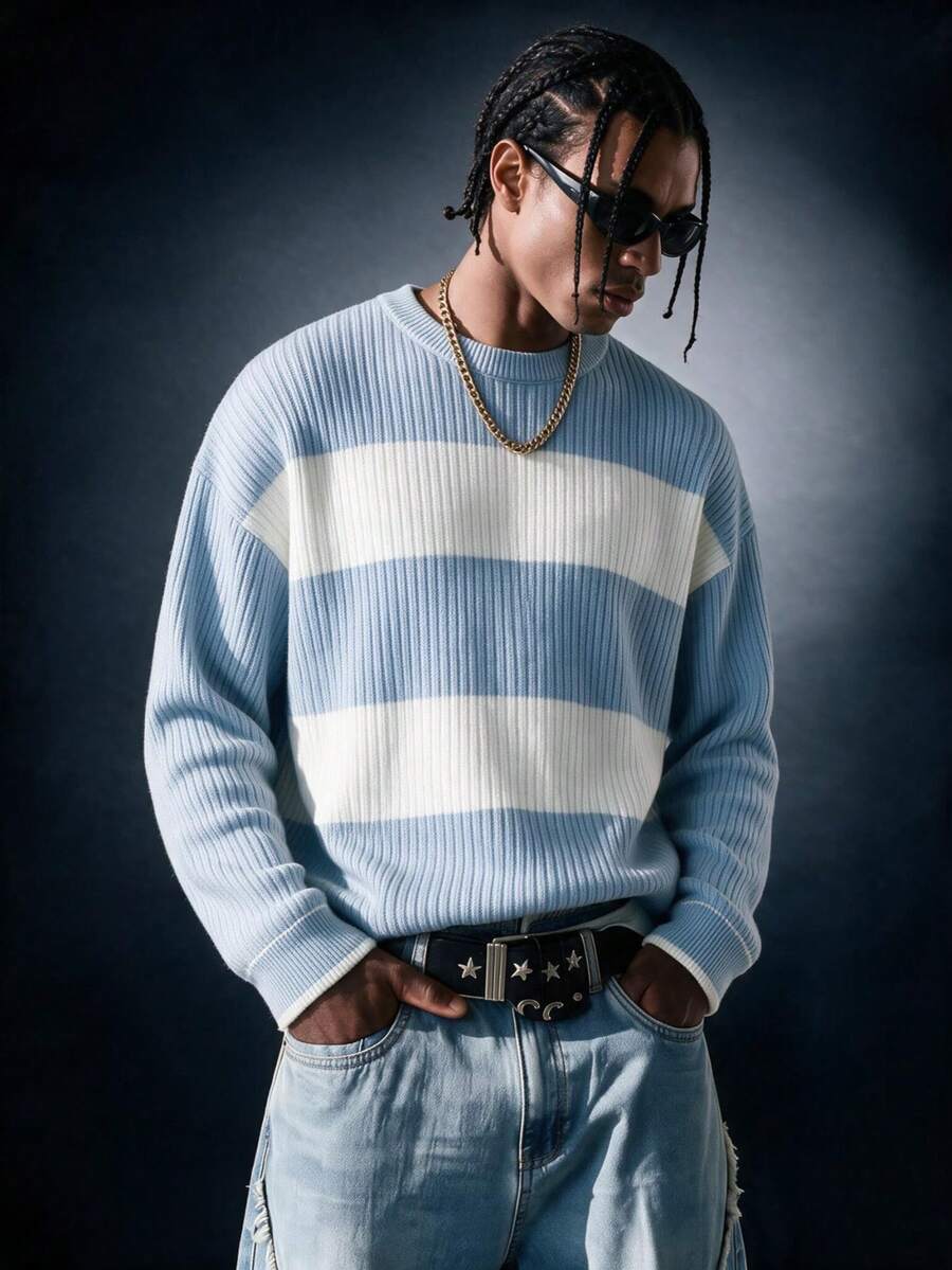 SU ER 1pc Men's Autumn/Winter Casual Striped Knit Top - Dusty Blue - View 1