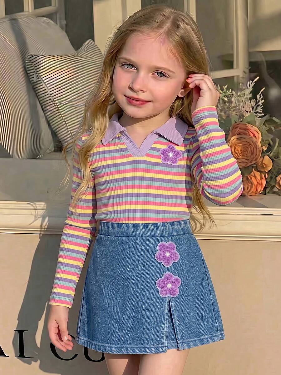 BASUSARRI [Faux Denim, 3D Print]Girls Long Sleeve Set, Collared Striped Ribbed Top With 3D Floral Dopamine Striped Colorblock Skirt Shorts, Sweet And Cute Autumn/Winter T-Shirt Set