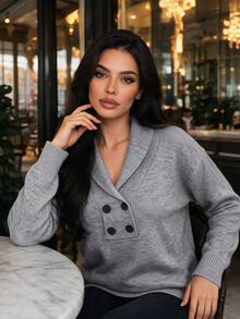 Vexica Women's Sexy Grey Collared Knit Sweater, Long Sleeve Button Front Fall Top For Night Out, Going Out And Daily Wear - Grey - View 1