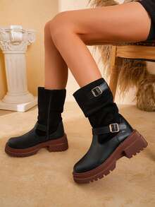 Women's Double Buckle Patchwork Slouch Mid-Calf Boots, Thick Sole Serrated Chunky Heel Side Zipper Western Style Riding Boots, 4 Colors Available For Autumn/Winter - Black - View 5
