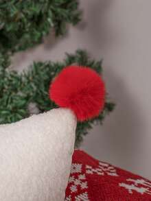 1pc Christmas Tree Embroidered Pillow Cover With Red Pom Poms, Soft Teddy Fabric Decorative Throw Pillow Case For Sofa Couch Home Xmas Decor, Cushion Cover Without Insert - Multicolor - View 4