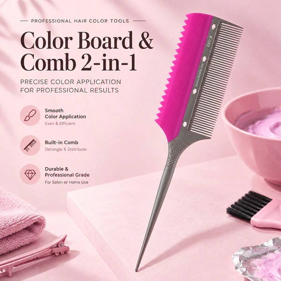 INGRID Professional Salon Hair Styling Ironing Assistant Comb, Pad Comb, Fine-Tooth Comb, Perming And Dyeing Companion - Hot Pink - View 1