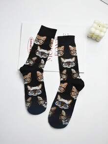 1 Pair Black Bottom Cat Glasses All-Over Print Women's Mid-Calf Socks, Vintage Fun Cartoon Animal Pattern Versatile Casual Mid-Calf Socks - Multicolor - View 8