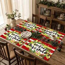 1/4/6pcs Christmas Series Red & White Striped Christmas Wreath Pattern Printed Placemats, Heat Resistant Table Mat For Home Kitchen/Kitchen Table Protection, Party Scene Decoration - Multicolor - View 3