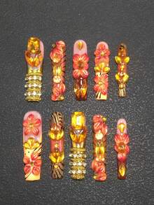 10 buah Kuku Tempel Buatan Tangan, Bentuk Persegi Ekstra Panjang 5,5 cm, Manikur Musim Gugur/Dingin, Warna Champagne dengan Dekorasi Rhinestone 3D, Desain Bunga Ukiran 3D, Aksen Rantai Emas, Gaya Modis dan Serbaguna untuk Wanita, Cocok untuk Pesta, Acara Dansa, dan Pemakaian Sehari-hari, Tersedia dalam 3 Ukuran - MultiWarna - View 2