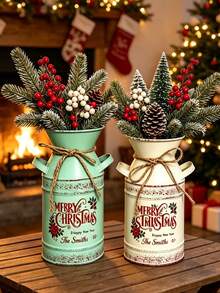 Christmas Vintage Metal Can Vase, Distressed Galvanized Flower Bucket With Rope Handle, Merry Christmas Printed Decorative Water Pitcher, Rustic Farmhouse Style Tabletop Centerpiece, Christmas Floral Arrangement Container, Home Decor - A - View 4