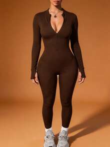 Women's Brown Solid Ribbed Front Zip Jumpsuit, Long Sleeve Slim Fit Full Length Cut, Suitable For Casual Daily Wear - Brown - View 1
