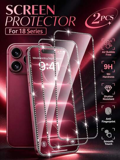 Gorilla Hero 2pcs Rhinestone Frame High Definition Film [2026 Model]Rhinestone Inlaid Edge, Sparkling Personalized Design, High Definition Transparent Film, Tempered Glass Film, High Hardness Waterproof, Anti-Fingerprint Residue, Phone Film Accessories, Compatible With IPhone Duo/18promax/18pro/18/17e/17 Pro Max/17 Pro/17Air/17/16 Pro Max/16 Pro/16 Plus/16/15 Pro Max/15//14/13 And Other Models, Easy Installation.