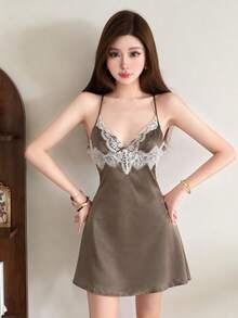 Top Dazzle Elegant Women's Sleeveless Cami Short Dress With Deep V Neck And Delicate Ruffle Lace Details For A Seductive Look - Brown - View 4
