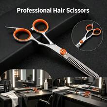1/2Pcs Professional Hair Scissors Set, 6 Inch Stainless Steel Hair Cutting & Thinning Shears, Orange Finger Ring Design Salon Home Hairdressing Scissors - Orange - View 8