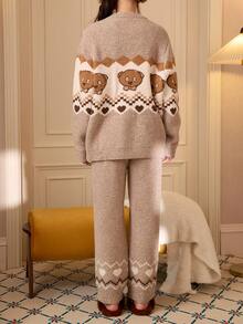 Gongdie Universal 2pcs Bob Tim Women's Fleece Pajama Set, Winter Brown Fair Isle Pattern Thick Plush Loungewear - Brown - View 7