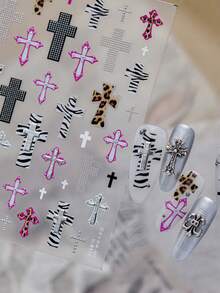 1Sheet Autumn Hot‑Girl Leopard Zebra Print Cross Metal Nail Stickers, Nail Art Nail Supplies, Color‑Trimmed Retro Punk Mixed Pattern For DIY Nail Art Decor - Multicolor - View 3