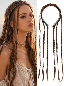 24 Inch Boho Pre Braided Headband For Women Long Hanging Synthetic Braids With Silver Decor Hairpiece For Daily Party Music Festival Halloween - Multicolor - View 13