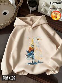 Fall/Winter 3 Pieces Set Girls' Cityscape, Cartoon Bear, And Graffiti Letter Print Fleece Hooded Sweatshirt Y2K Style - Apricot + Apricot + Apricot - View 3