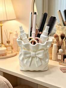 1pc Satin Bow Girls Storage Bucket, Printed Silk Jewelry Box, Vase, Cosmetic Organizer, Stationery Storage, Desktop Decor - Multicolor - View 5