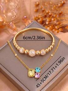 2pcs/Set Gold-Tone Stainless Steel Three-Color Gemstone Necklace & Pink Crystal Ball Zirconia Bracelet, Unique Matching Jewelry - Gold - View 5