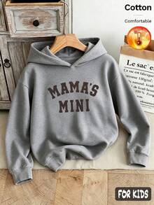 Autumn/Winter 3 Pieces Set Girls' Fleece-Lined Hooded Sweatshirt With "MAMA MINI", "CLOSER", "I Celebrate ME" Print Y2K Style - Heather Gray+Heather Gray+Heather Gray - View 3
