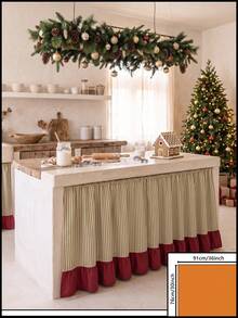 1pc Cream White With Green Stripes And Burgundy Patchwork Trim Kitchen Island Apron, Country Holiday Style Rectangular Top With Wood Grain Countertop And Burgundy Patchwork Skirt Bottom, Decorative Cover For Kitchen Island Cabinet, Suitable For Christmas Kitchen Decoration - Green - View 14