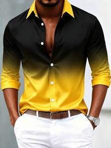 Vintage Casual Gradient Print Men's Plus Size Loose Lightweight Long Sleeve Shirt - Yellow - View 1