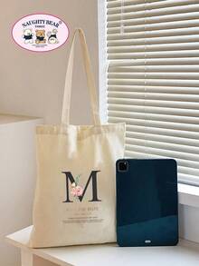 1pc Beige Floral Print Women's Canvas Tote Bag, Portable Shopping Bag For Daily Commute, Reusable Tote Bag - Beige - View 6