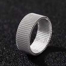 1pc Stainless Steel Flexible Mesh Ring, Personalized Braided Adjustable Finger Ring, Versatile Couple Ring, Silver Wide Plain Band Ring - Silver - View 7