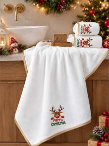 2pcs Christmas Coral Fleece Towels - Soft Absorbent Hand Towels - Exquisite Reindeer Embroidery Pattern With Gold Trim - Winter Holiday Bathroom Decor - Christmas Gift - Multicolor - View 5