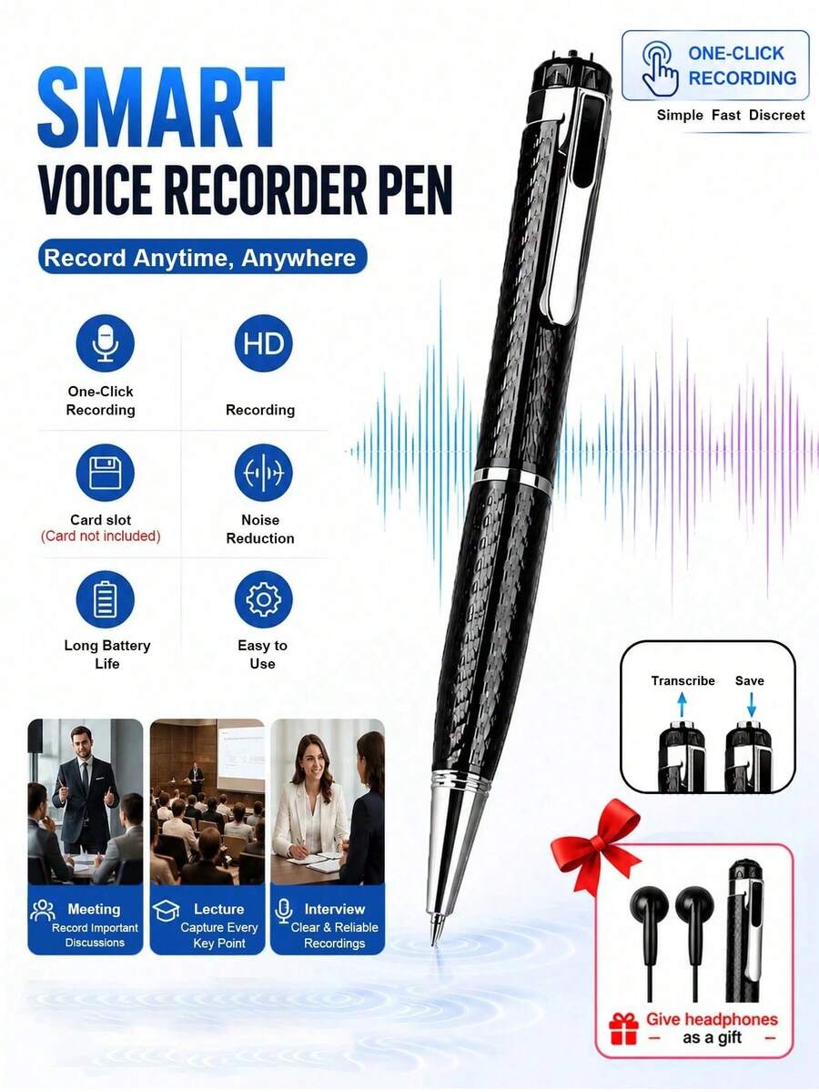 Smart Pen Voice Recorder, Noise Reduction, 180mAh Portable USB Charging MP3 Player, Mini Voice Recorder, Recording Equipment, Built-In Voice Control, One-Key Recording Operation. Compact And Exquisite Design, Suitable For Students, Teachers - View 1